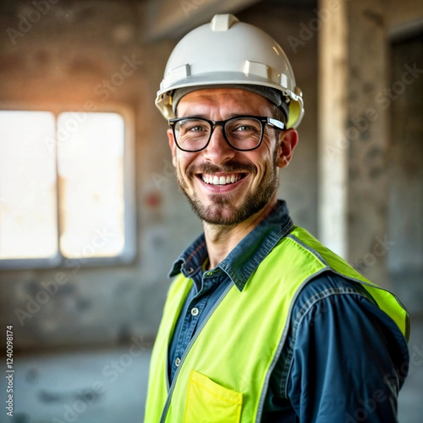Fototapeta builder in a helmet on the background of a construction site . Generative AI