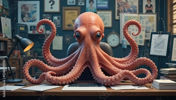 Fototapeta  An octopus overseeing several projects at a desk, representing organization and multitasking.-