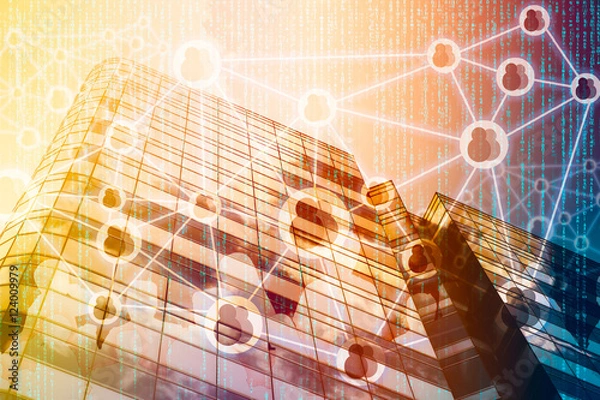 Fototapeta Smart Building and Internet of Things concept. Double exposure of office building and abstracy digital connection background.