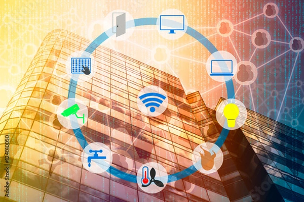 Fototapeta Smart Building and Internet of Things concept. Smart building management icons on Double exposure of office building and abstracy digital connection background.