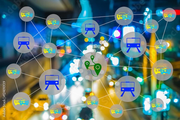 Obraz Smart transportation concept. Sharing economy and collaborative consumption. Car , train and GPS icons connected together against abstract city street light background.