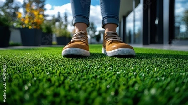 Fototapeta Close up view of a person's feet standing on artificial grass