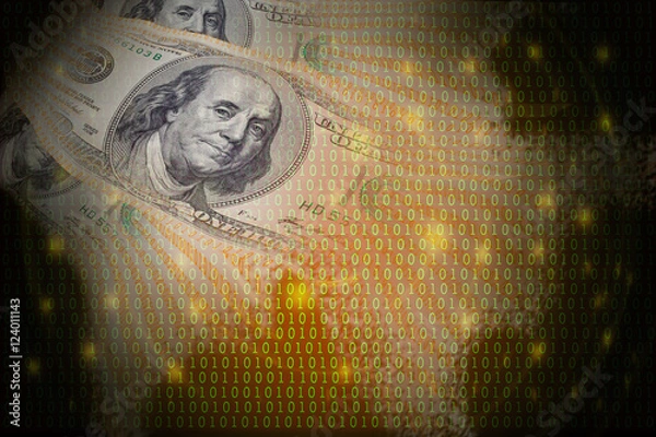 Fototapeta Fintech and Coded money concept image.  Double exposured of abstract US dollar bank note and abstract binary code background.