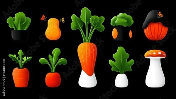 Obraz A vibrant collection of stylized vegetables and plants against a black background, featuring a playful and colorful design