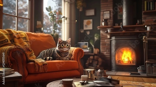 Fototapeta A Cozy Living Room with a Cat Relaxing in an Orange Armchair