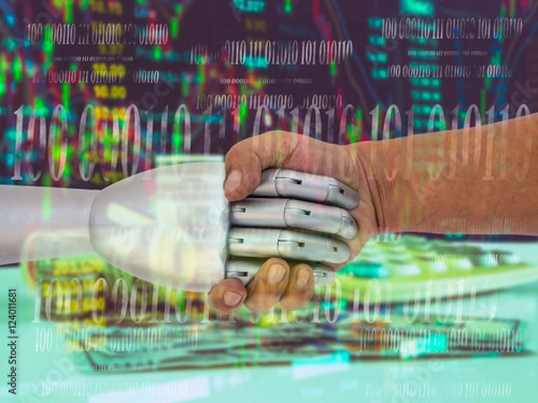 Fototapeta ROBO Advisor concept. Man and robot hand shaking  on abstract investment management background.