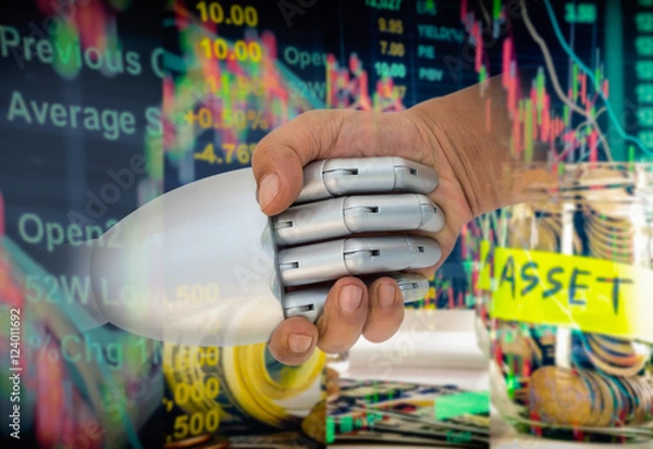 Obraz ROBO Advisor concept. Man and robot hand shaking  on abstract investment management background.