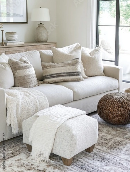 Fototapeta Comfortable Neutral Living Room Sofa Setup With Pillows