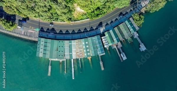 Fototapeta Aerial view of a marina with numerous docks and boat houses. Green roofs and walkways. Tranquil water. BOAT SHEDS, ORAKEI, AUCKLAND, NEW ZEALAND
