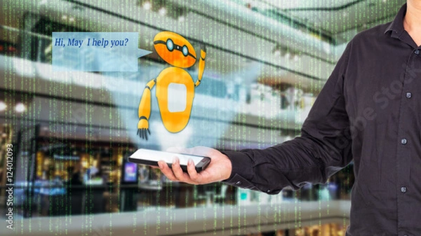 Obraz Augmented reality chatbot for retail business concept. Man holding smart phone with A/R chatbot and greeting message on blur department store background.