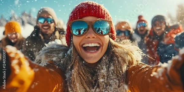 Fototapeta Woman wearing a red hat and sunglasses is smiling