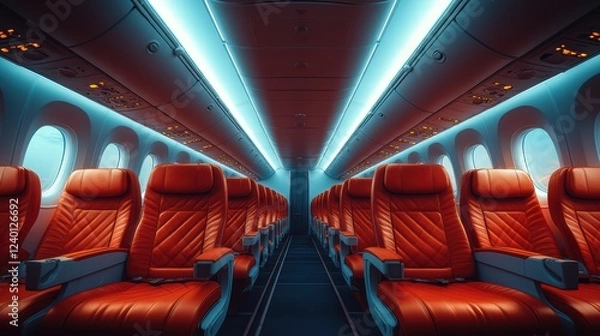 Fototapeta Empty orange airplane seats with red carpet aisle, cabin interior