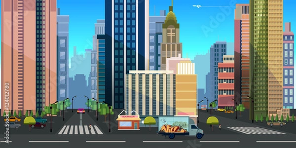 Fototapeta Seamless cartoon city landscape, vector unending background with road, buildings and sky layers.