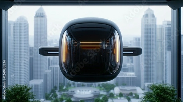 Fototapeta Futuristic urban transport pod hovering against a backdrop of a modern city skyline, showcasing advanced technology in transit design.