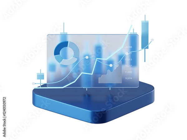 Fototapeta Transparent Digital 3D Stock Market Analysis in PNG with Growth Charts and Financial Investment Data.