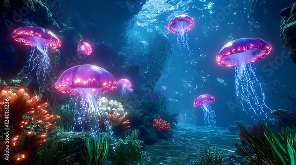 Obraz Bioluminescent Jellyfish Glowing in an Underwater Cave