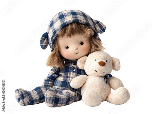 Obraz Adorable Doll in Pajamas Sitting with a Cute Teddy Bear Plush