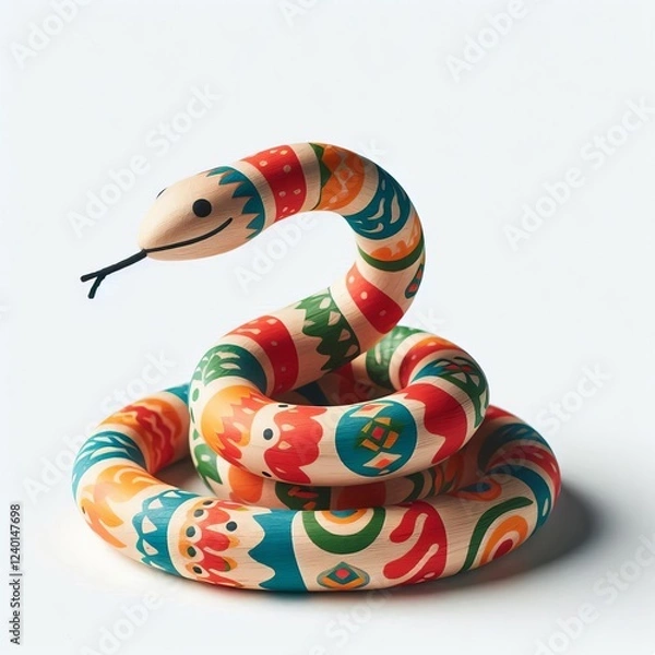 Fototapeta Hand-Painted Wooden Snake Toy with Folk Art Patterns in Bright Colors