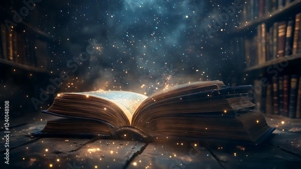 Obraz An Open Book Glowing With Magic and Light in a Dark Library
