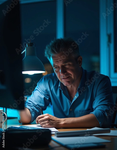 Fototapeta a man sitting at a desk writing in a notebook