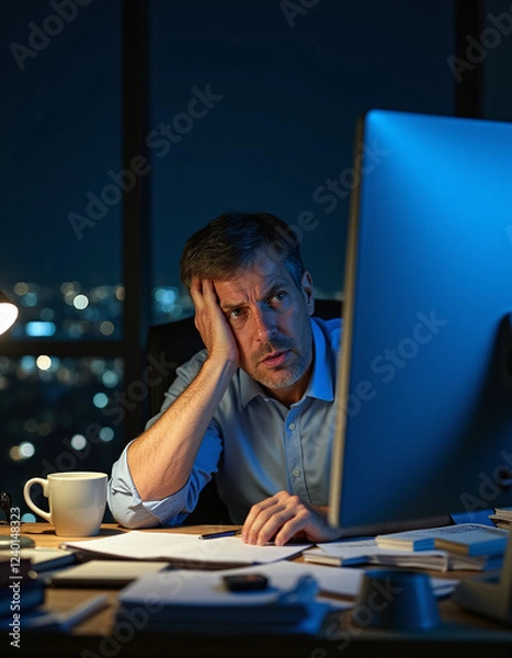 Fototapeta a man sitting at a desk with a computer