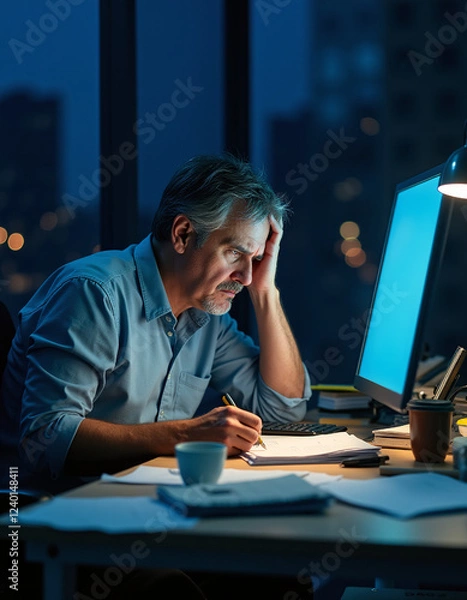 Fototapeta a man sitting at a desk with a computer