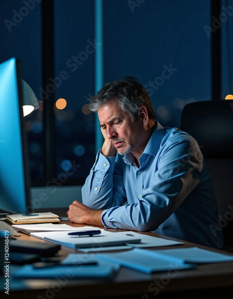 Fototapeta a man sitting at a desk with a laptop