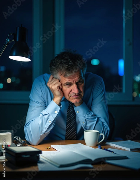 Fototapeta a man sitting at a desk with a cup of coffee