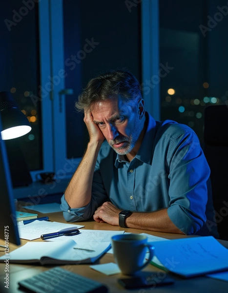 Fototapeta a man sitting at a desk with a laptop