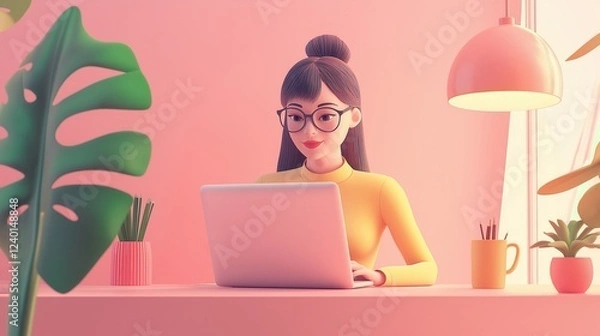 Fototapeta 3D illustration of a woman with glasses working on a laptop in a stylish home office with plants and warm lighting. Modern and aesthetic workspace concept.