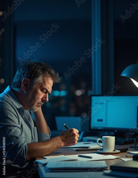 Fototapeta a man sitting at a desk writing on a piece of paper