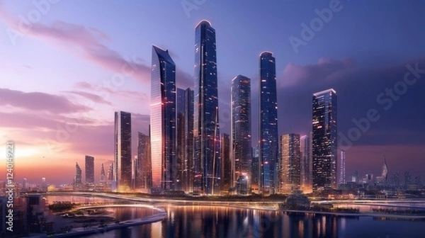 Fototapeta Stunning 3D illustration of a futuristic smart city with illuminated skyscrapers at sunset. Modern urban landscape represents innovation, technology, and advanced infrastructure.