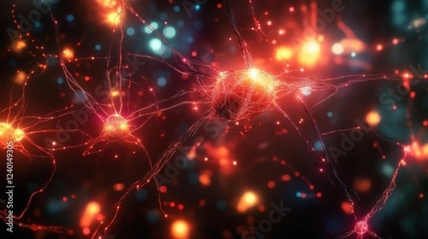 Fototapeta Futuristic 3D illustration of an AI neural network with glowing synapses and digital connections. Abstract visualization of artificial intelligence, deep learning, and brain-inspired computing.