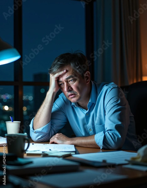 Fototapeta a man sitting at a desk with a cup of coffee