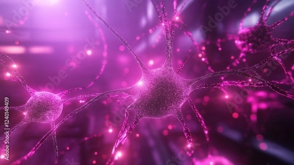 Fototapeta 3D illustration of a glowing neural network with interconnected nodes, symbolizing artificial intelligence, deep learning, and brain activity. Futuristic digital representation of AI technology.