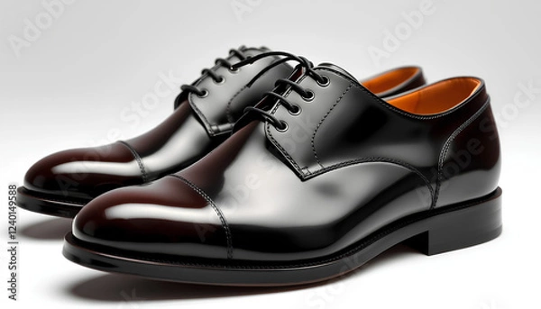 Fototapeta Luxury men's dress shoes with a glossy patent leather finish, gleaming flawlessly on a white background