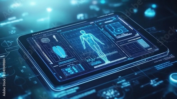 Fototapeta High-tech medical tablet displaying a futuristic digital health interface with biometric data and holographic human anatomy. Perfect for healthcare, AI, and medical technology concepts.