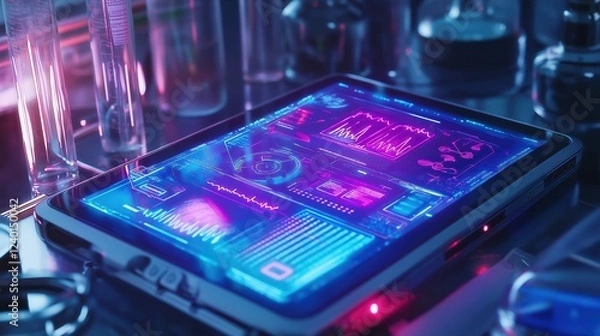 Fototapeta Tablet with a futuristic medical interface displaying health data, placed on a laboratory table with test tubes and equipment. Perfect for medical and technology concepts. Technology background