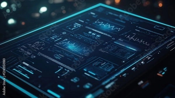 Fototapeta Futuristic digital dashboard displaying data analytics, charts, and graphs on a high-tech touchscreen interface with a cyber-inspired design. Technology background