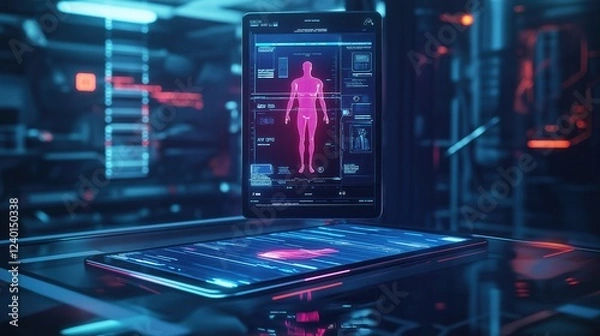 Fototapeta High-Tech holographic medical interface displaying a human anatomy scan with biometric data in a futuristic laboratory setting. Technology background
