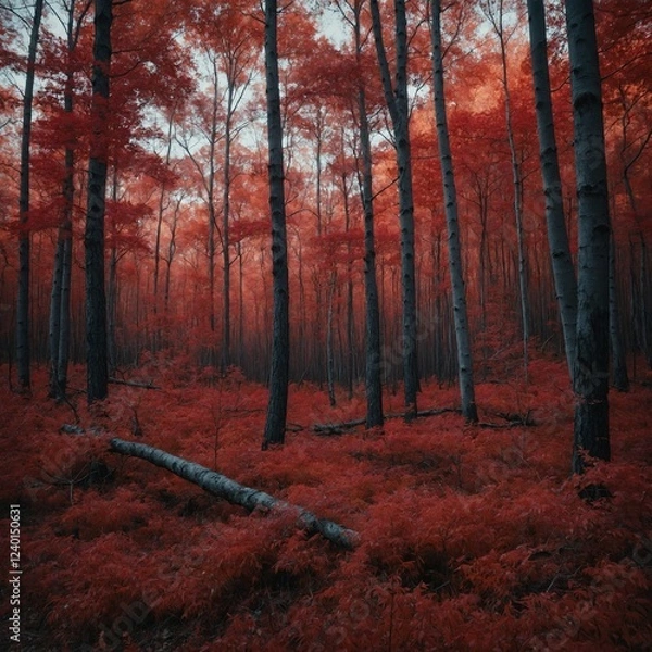 Fototapeta A painterly, impressionistic red forest with a softly blurred background.