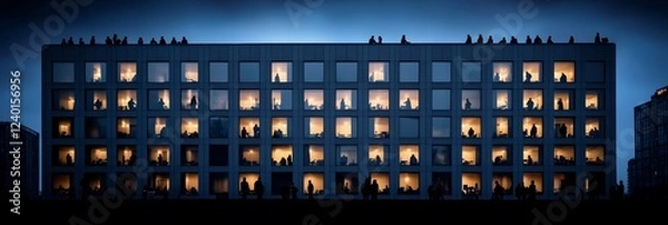 Obraz Silhouettes in illuminated office building at dusk