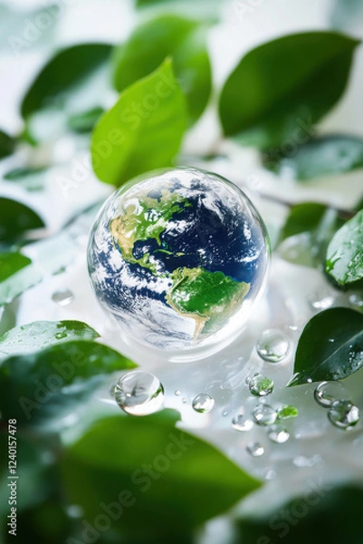 Fototapeta A transparent Earth surrounded by clean water droplets and green leaves, symbolizing purity and preservation