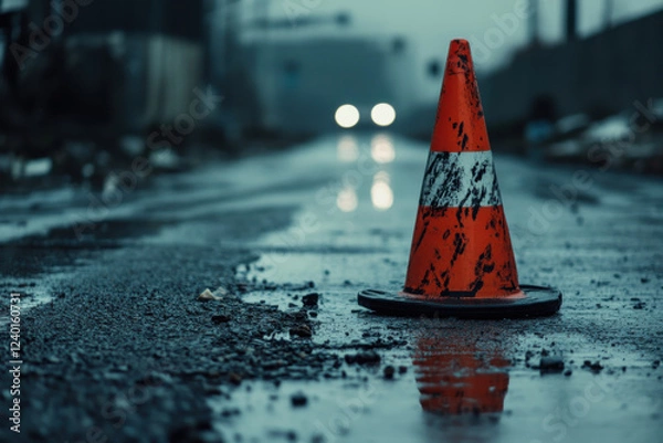 Fototapeta Traffic cone, an image of cautions on asphalt road