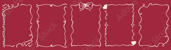 Fototapeta Vintage coquette frame with heart and star. Coquette style for valentine day and romantic design. Cute frame, wavy line and elegant bow. Vector illustration