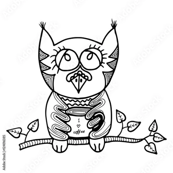 Fototapeta Cute owl sits on a branch with leaves and holds a coffee in wing