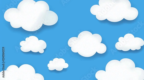 Obraz White fluffy cartoon clouds on a bright blue sky background. Simple vector illustration with flat colors, clean design, and seamless pattern concept for wallpapers, textiles, and digital backgrounds.