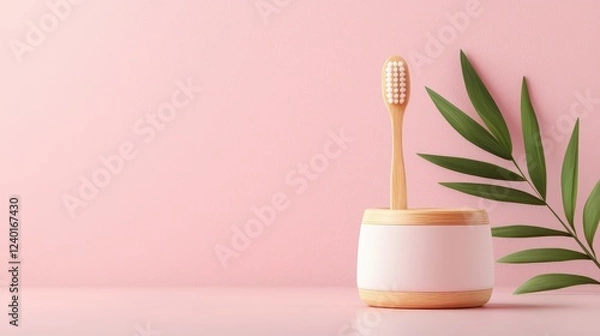 Fototapeta A close-up of a cute toothbrush and an aesthetically pleasing tooth container placed neatly on a smooth pastel pink background, exuding freshness and softness.