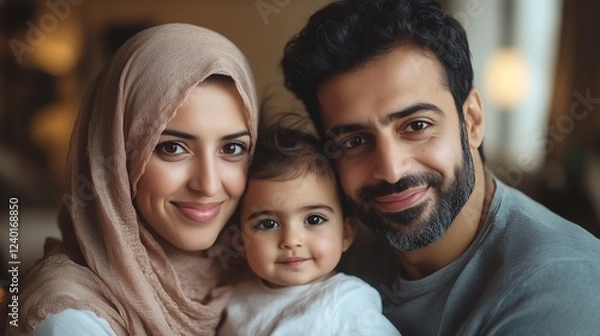 Fototapeta Portrait of happy Arabic parents posing with their little daughter at home, sharing warmth and love in a soft-lit, minimalistic setting.
