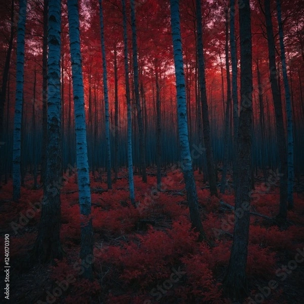 Fototapeta A twilight red forest with long blue shadows.